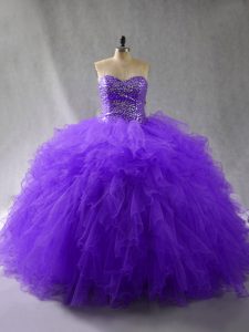 Floor Length Lace Up Quince Ball Gowns Purple for Sweet 16 and Quinceanera with Beading and Ruffles
