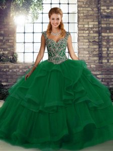 Green Tulle Lace Up Quinceanera Dress Sleeveless Floor Length Beading and Ruffles