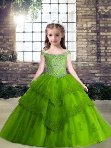Pretty Green Lace Up Kids Formal Wear Beading Sleeveless Floor Length