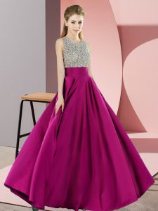Fashionable Floor Length Backless Homecoming Dress Fuchsia for Prom and Party with Beading