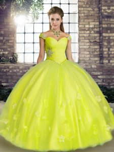 Dramatic Yellow Green Off The Shoulder Lace Up Beading and Appliques Quinceanera Dresses Sleeveless