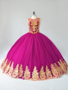 Classical Fuchsia Ball Gowns Tulle Scoop Sleeveless Beading and Appliques Floor Length Lace Up 15 Quinceanera Dress