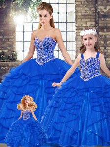 Sleeveless Tulle Floor Length Lace Up Quinceanera Gown in Royal Blue with Beading and Ruffles