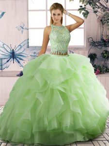 Yellow Green Ball Gown Prom Dress Sweet 16 and Quinceanera with Beading and Ruffles Scoop Sleeveless Lace Up