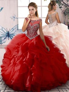 Unique Red Ball Gowns Organza Scoop Sleeveless Beading and Ruffles Floor Length Zipper Sweet 16 Dress
