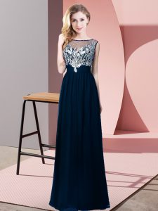 Modest Navy Blue Empire Chiffon Scoop Sleeveless Beading Floor Length Backless Prom Evening Gown
