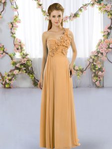 Sumptuous Sleeveless Chiffon Floor Length Lace Up Bridesmaids Dress in Gold with Hand Made Flower