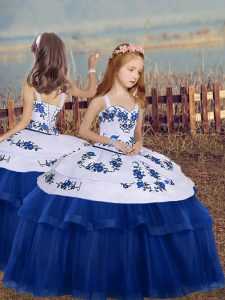 Hot Selling Straps Sleeveless Child Pageant Dress Floor Length Embroidery Blue Tulle