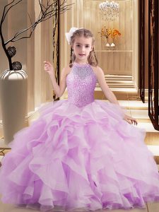 Floor Length Lace Up Pageant Gowns For Girls Lilac for Party and Sweet 16 and Wedding Party with Beading