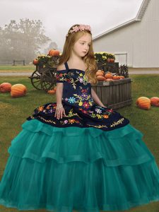 Embroidery and Ruffled Layers Kids Pageant Dress Teal Lace Up Sleeveless Floor Length