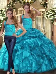 Teal Halter Top Lace Up Ruffles and Pick Ups 15 Quinceanera Dress Sleeveless