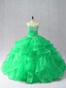 Green Ball Gowns Beading and Ruffles Sweet 16 Quinceanera Dress Lace Up Organza Sleeveless Floor Length