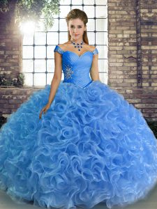 Ball Gowns Quinceanera Gowns Baby Blue Off The Shoulder Fabric With Rolling Flowers Sleeveless Floor Length Lace Up