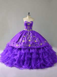 Glamorous Purple Ball Gowns Organza Sweetheart Sleeveless Embroidery and Ruffles Floor Length Lace Up Quinceanera Gowns