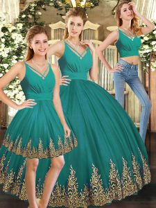 Turquoise Tulle Backless V-neck Sleeveless Floor Length Ball Gown Prom Dress Embroidery