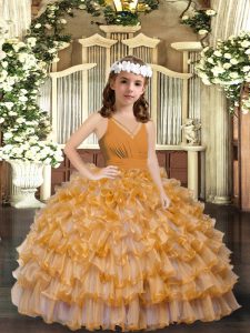 V-neck Sleeveless Pageant Gowns For Girls Floor Length Ruffles and Ruffled Layers Gold Organza