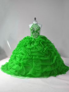 Custom Designed Green Quinceanera Gown Sweet 16 and Quinceanera with Beading and Pick Ups Halter Top Sleeveless Court Train Lace Up