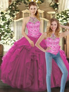 Beauteous Fuchsia Sweet 16 Quinceanera Dress Military Ball and Sweet 16 and Quinceanera with Beading and Ruffles Halter Top Sleeveless Lace Up