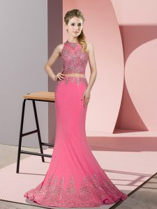 Rose Pink Mermaid High-neck Sleeveless Satin Sweep Train Zipper Beading and Appliques Dress for Prom