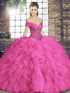 Discount Floor Length Hot Pink Sweet 16 Dresses Tulle Sleeveless Beading and Ruffles