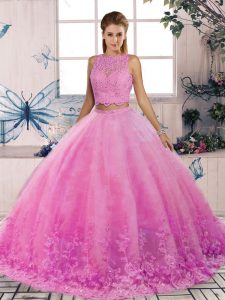 Ideal Rose Pink Sleeveless Lace Backless Quinceanera Gown
