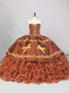Brown Sleeveless Embroidery and Ruffled Layers Lace Up Sweet 16 Dress