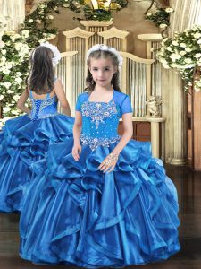 Baby Blue Ball Gowns Beading and Ruffles Pageant Gowns For Girls Lace Up Organza Sleeveless Floor Length