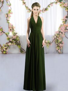 Olive Green Lace Up Halter Top Ruching Dama Dress for Quinceanera Chiffon Sleeveless