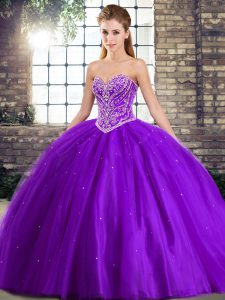 Fantastic Purple Ball Gown Prom Dress Military Ball and Sweet 16 and Quinceanera with Beading Sweetheart Sleeveless Brush Train Lace Up