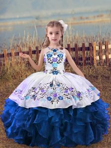 Custom Fit Blue Little Girls Pageant Dress Wedding Party with Embroidery and Ruffles Scoop Sleeveless Lace Up