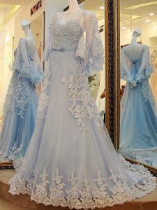 Most Popular Scoop Long Sleeves Prom Party Dress Court Train Lace and Appliques and Belt Light Blue Tulle
