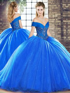 Royal Blue Off The Shoulder Lace Up Beading Sweet 16 Dresses Brush Train Sleeveless