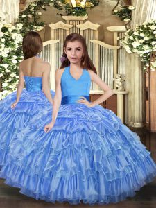 Blue Ball Gowns Halter Top Sleeveless Organza Floor Length Lace Up Ruffled Layers Little Girls Pageant Dress Wholesale
