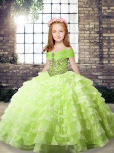 Luxurious Yellow Green Sleeveless Brush Train Beading and Ruffled Layers Pageant Dress Toddler