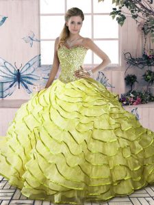 Fabulous Lace Up Sweet 16 Quinceanera Dress Yellow Green for Sweet 16 and Quinceanera with Beading and Ruffled Layers Brush Train