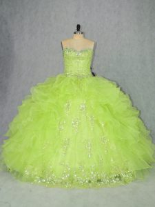 Enchanting Floor Length Lace Up 15th Birthday Dress Yellow Green for Sweet 16 and Quinceanera with Beading and Ruffles