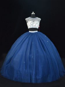 Best Selling Navy Blue Lace Up Scoop Beading 15th Birthday Dress Tulle Sleeveless