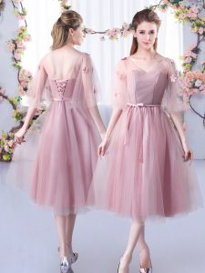 Popular Tea Length Pink Dama Dress for Quinceanera V-neck Sleeveless Lace Up