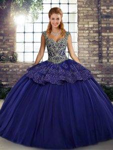 Floor Length Lace Up 15th Birthday Dress Purple for Military Ball and Sweet 16 and Quinceanera with Beading and Appliques