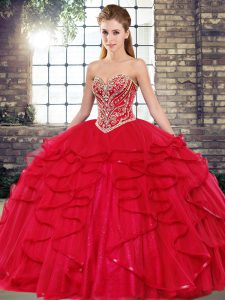 Red Quinceanera Dresses Military Ball and Sweet 16 and Quinceanera with Beading and Ruffles Sweetheart Sleeveless Lace Up