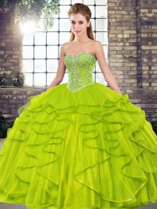 Olive Green Sleeveless Floor Length Beading and Ruffles Lace Up Ball Gown Prom Dress