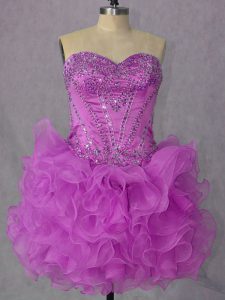 Attractive Lilac Sweetheart Neckline Beading and Ruffles Sleeveless Lace Up