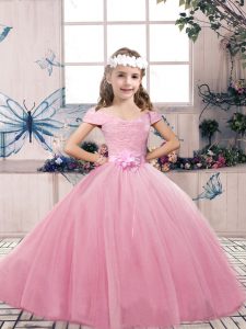 High Quality Floor Length Lace Up Pageant Dress Pink for Party and Wedding Party with Lace and Bowknot