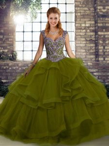 Stylish Beading and Ruffles 15 Quinceanera Dress Olive Green Lace Up Sleeveless Floor Length