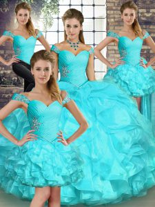 Beautiful Floor Length Aqua Blue Quinceanera Gown Off The Shoulder Sleeveless Lace Up