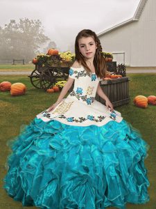 Sleeveless Floor Length Embroidery and Ruffles Lace Up Pageant Dress with Aqua Blue