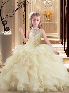 Amazing Light Yellow Ball Gowns Tulle High-neck Sleeveless Beading and Ruffles Lace Up Kids Pageant Dress Brush Train