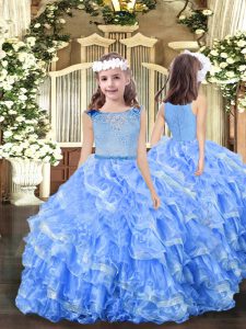 Blue Zipper Scoop Beading and Ruffles Little Girl Pageant Gowns Organza Sleeveless