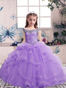 Lavender Tulle Lace Up Off The Shoulder Sleeveless Floor Length Kids Pageant Dress Beading and Ruffles