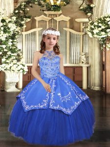 High Quality Royal Blue Lace Up Halter Top Beading and Appliques Little Girls Pageant Gowns Tulle Sleeveless